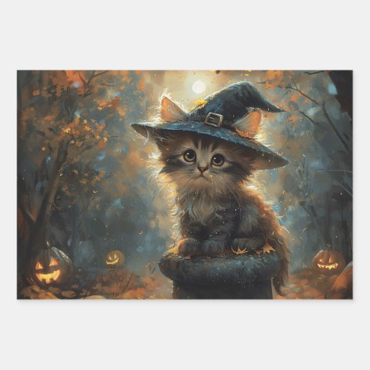 Niedliches Kätzchen mit Hexenhutdekoupage Geschenkpapier Set (Vorderseite 3)