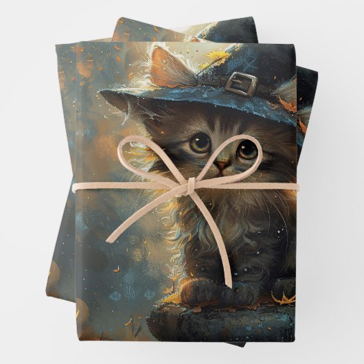 Niedliches Kätzchen mit Hexenhutdekoupage Geschenkpapier Set (Beispiel)