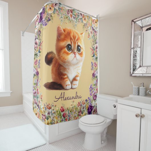 Niedliches Kätzchen mit Quellwasser-Blume Duschvorhang (Beispiel)