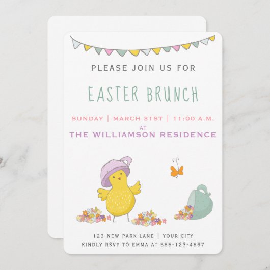 Niedliches Kätzchen mit Tee-Cup - Osterbrunch Einladung (Vorne/Hinten)