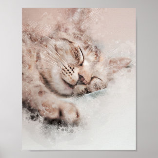 niedliches Kätzchen schlafend traumhafte Aquarellm Poster