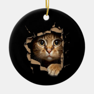 Niedliches Kätzchen sieht aus zerrissenen Geweben Keramik Ornament
