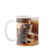 Niedliches Kätzchen sitzt auf einem Stuhl und trin