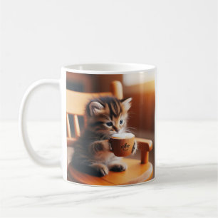 Niedliches Kätzchen sitzt auf einem Stuhl und trin Kaffeetasse