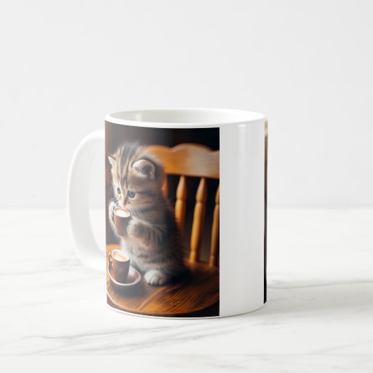 Niedliches Kätzchen sitzt auf einem Stuhl und trin Kaffeetasse (Vorderseite Links)