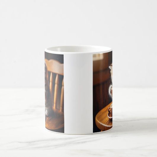 Niedliches Kätzchen sitzt auf einem Stuhl und trin Kaffeetasse (Mittel)