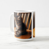 Niedliches Kätzchen sitzt in einem Stuhl mit einer Kaffeetasse (Vorderseite Links)