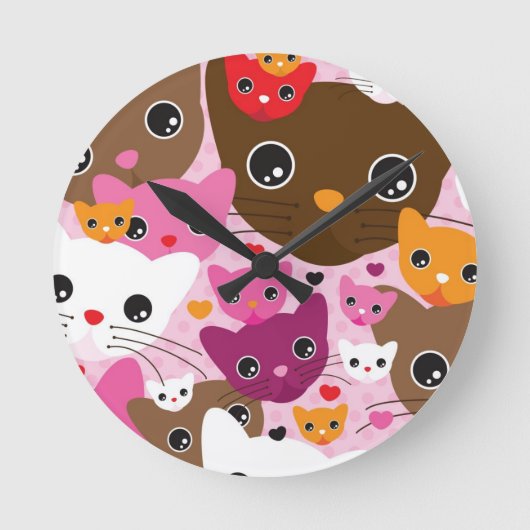 niedliches Kätzchenkatzen-Hintergrundmuster Runde Wanduhr (Vorderseite)