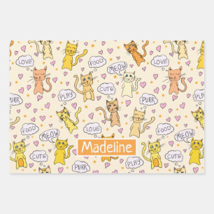 Niedliches Katzen-Doodles-Muster Geschenkpapier Set