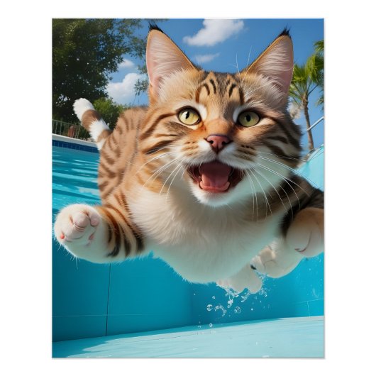 Niedliches Katzen Fliegen Tauchen im Pool Funny Poster (Vorderseite)