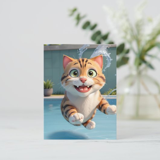 Niedliches Katzen Fliegen Tauchen im Pool Funny Postkarte (Stehend Vorderseite)