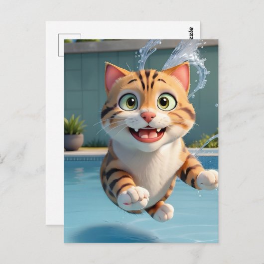 Niedliches Katzen Fliegen Tauchen im Pool Funny Postkarte (Vorne/Hinten)