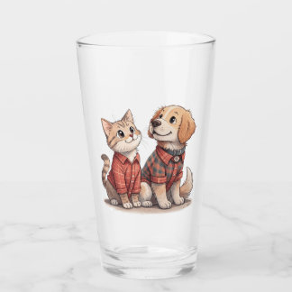 Niedliches Katzen & Hund in Kariertem Tummelglas - Glas