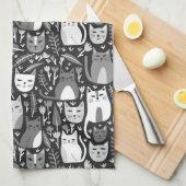 Niedliches Katzen Muster Botanisches Schwarz-Weiß- Geschirrtuch (Viertel Falte)