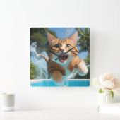 Niedliches Katzen Schwimmen im Pool Funny Quadratische Wanduhr (Zuhause)