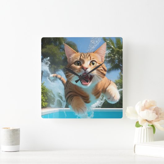 Niedliches Katzen Schwimmen im Pool Funny Quadratische Wanduhr (Zuhause)