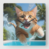 Niedliches Katzen Schwimmen im Pool Funny Quadratische Wanduhr (Vorderseite)
