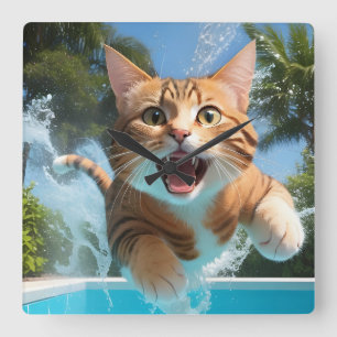 Niedliches Katzen Schwimmen im Pool Funny Quadratische Wanduhr