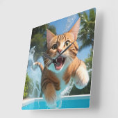 Niedliches Katzen Schwimmen im Pool Funny Quadratische Wanduhr (Winkel)