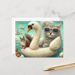 Niedliches Katzen- und Eichhörnchenschiff Postkarte