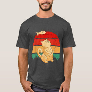 Niedliches Katzenfischen Retro Sunset Chat Play mi T-Shirt
