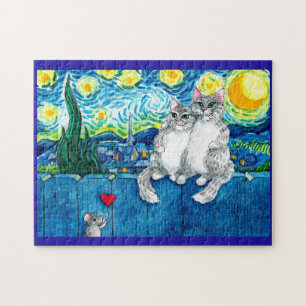 Niedliches Katzenpaar, Maus Starry Night Puzzle
