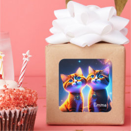 Niedliches Katzenpaar unter dem Sternenhimmel - Quadratischer Aufkleber