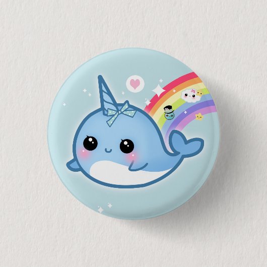 Niedliches kawaii Baby narwhal mit Regenbogen Button (Vorderseite)