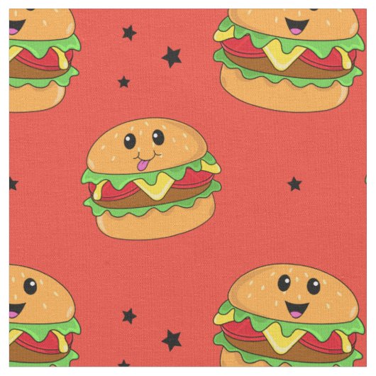 Niedliches Kawaii-Cheeseburger-Muster in Rot Stoff (Nahaufnahme)
