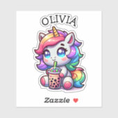 Niedliches Kawaii Einhorn mit Bubble Tee Personali Aufkleber (Blatt)