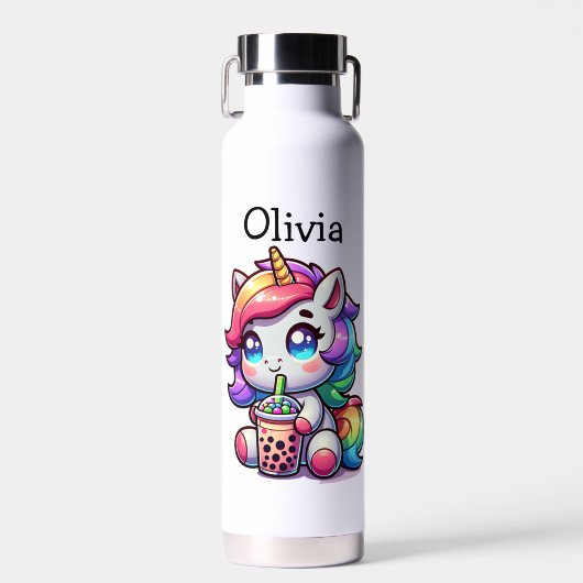 Niedliches Kawaii Einhorn mit Bubble Tee Personali Trinkflasche (Vorne)