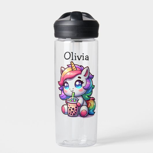 Niedliches Kawaii Einhorn mit Bubble Tee Personali Trinkflasche (Vorderseite)