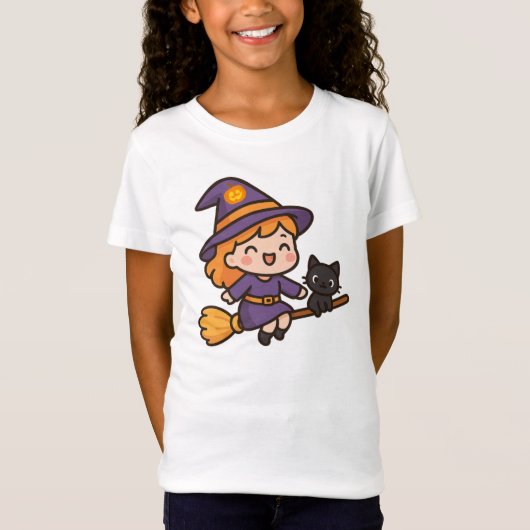 Niedliches Kawaii Hexe- und Cat Halloween-Design T-Shirt (Vorderseite)