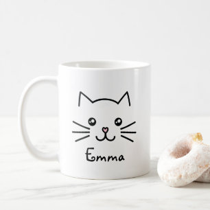 Niedliches Kawaii Kätzchen-Katzen-Gesicht mit rosa Kaffeetasse