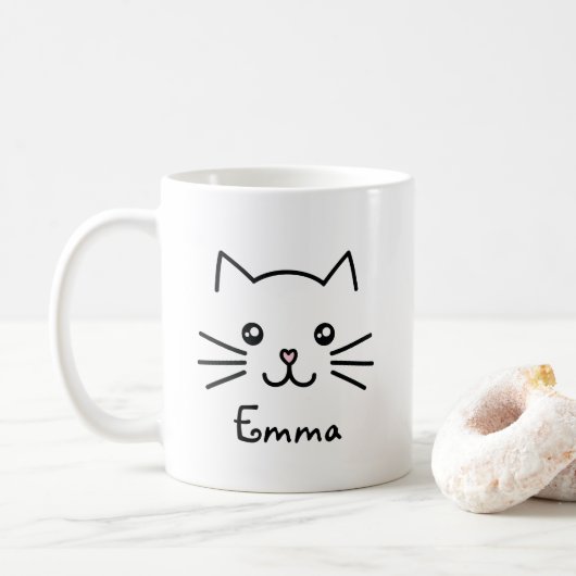 Niedliches Kawaii Katzengesicht mit rosa Herznose Kaffeetasse (Mit Donut)