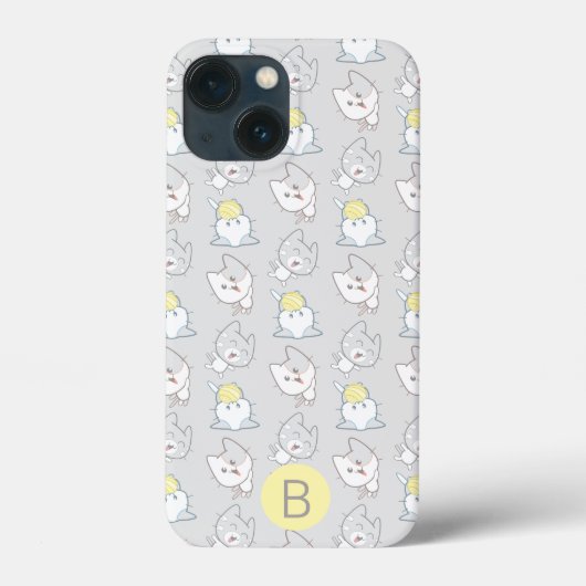 Niedliches Kawaii Katzenmuster Grau-Gelbe Monogram Case-Mate iPhone Hülle (Rückseite)