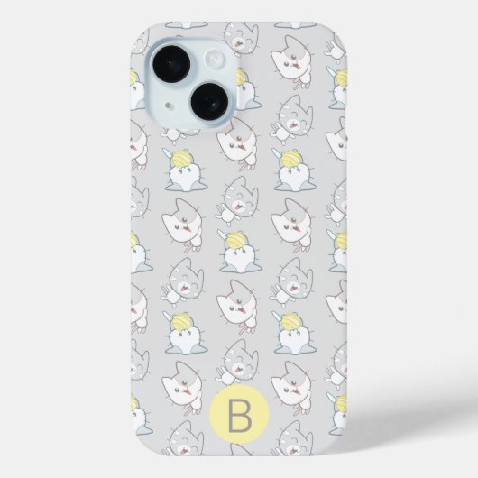 Niedliches Kawaii Katzenmuster Grau-Gelbe Monogram Case-Mate iPhone Hülle (Rückseite)