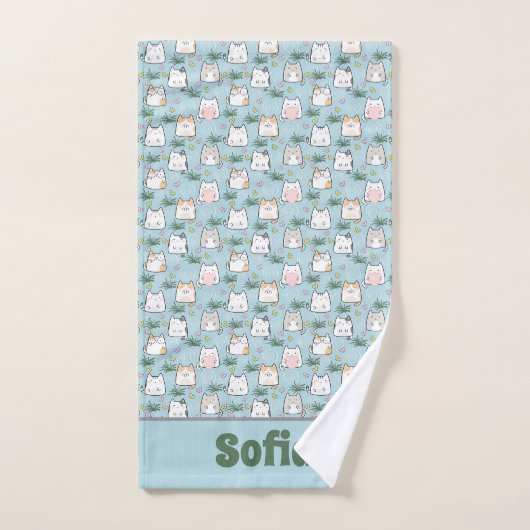 Niedliches kawaii-kitchmuster grüner blauer Name Badhandtuch Set (Handtuch)
