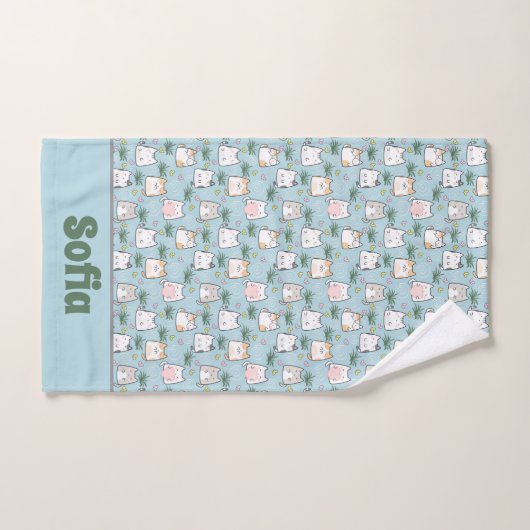 Niedliches kawaii-kitchmuster grüner blauer Name Badhandtuch Set (Handtuch)