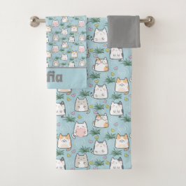 Niedliches kawaii kitty Muster graue blaue Bezeich Badhandtuch Set