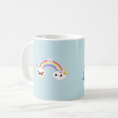 Niedliches kawaii narwhal mit Regenbogen- und Kaffeetasse (Vorderseite Links)