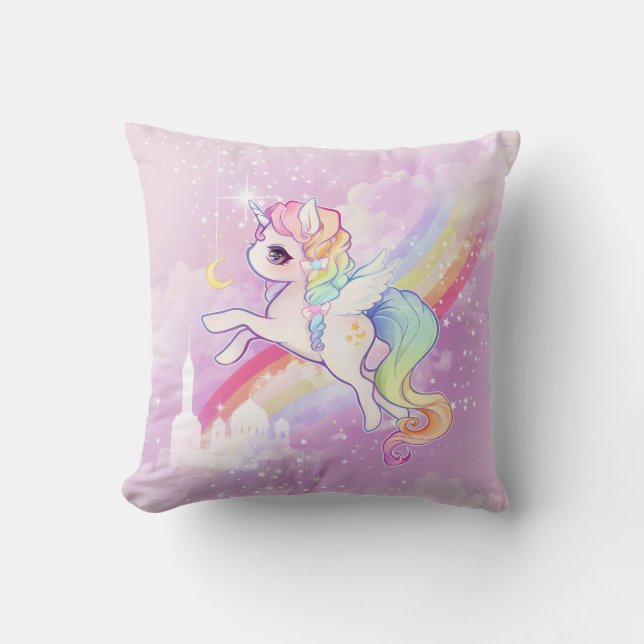 Niedliches Kawaii Pastelleinicorn mit Regenbogen u Kissen (Vorderseite)