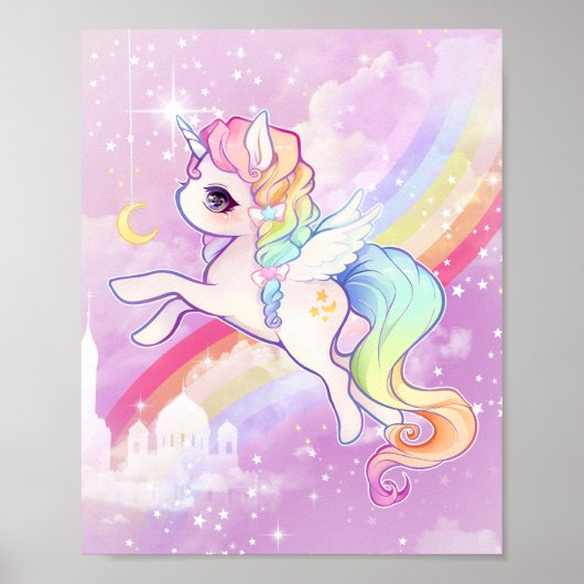 Niedliches Kawaii Pastelleinicorn mit Regenbogen u Poster (Vorne)