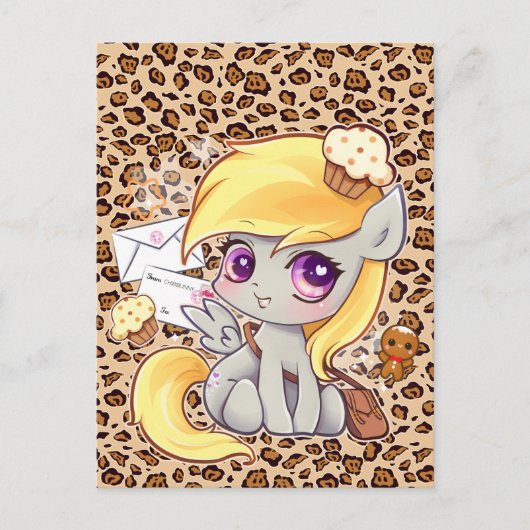 Niedliches Kawaii-Postman-Pony auf Leopardendruck Postkarte (Vorderseite)
