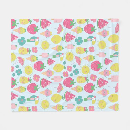 Niedliches Kawaii Tropisches Obst mit Gesichtsmust Fleecedecke (Vorderseite (Horizontal))