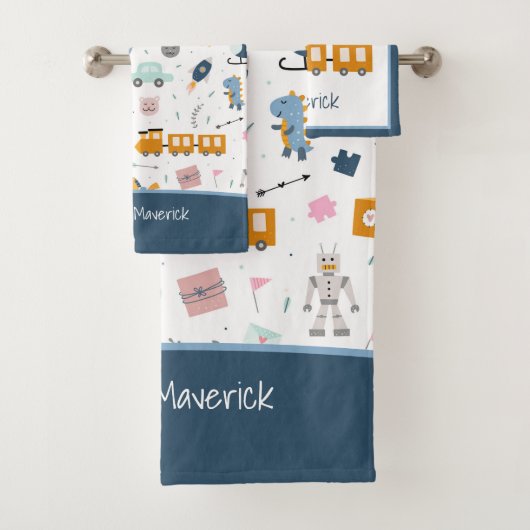 Niedliches Kid Muster Foto und Name Boy Blue Badez Badhandtuch Set (Insitu)