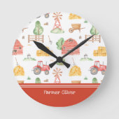 Niedliches Kids Bauer Muster mit Vorname Runde Wanduhr (Vorderseite)