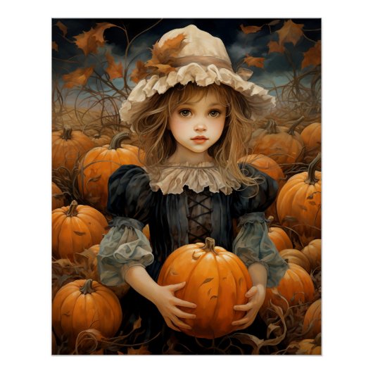 Niedliches Kind, das einen Pumpkin-Herbst hält Poster (Vorderseite)
