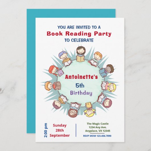 Niedliches Kinderbuch Geburtstagsparty Einladung (Vorne/Hinten)