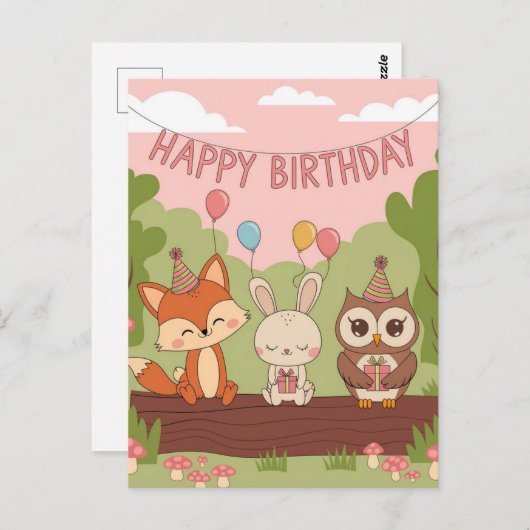 Niedliches Kindergeburtsstil mit Fox, Bunny & Owl Postkarte (Vorne/Hinten)